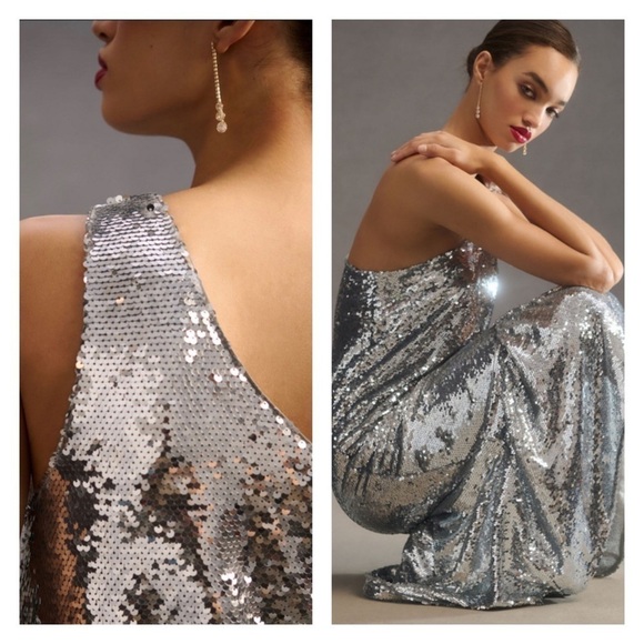 MAEVE Anthropologie One Shoulder Sequin Ruffle Maxi Dress Silver Medium NWT - Picture 5 of 11